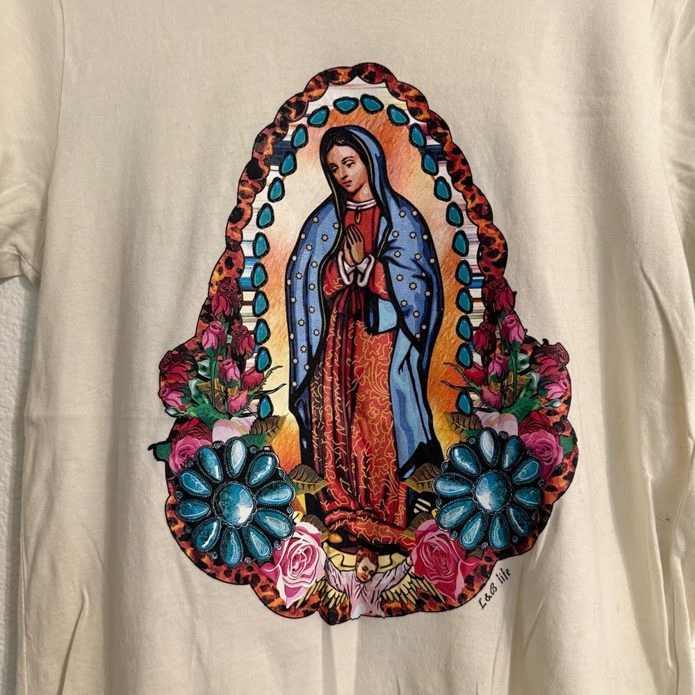 Catholic Our Lady of Guadalupe Virgin Mary Western Turquoise Cream Graphic Tee - Picture 3 of 5